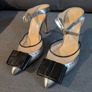 Bionda Castana Silver Mesh Bow Slingback Heels Pointed Toe Pumps EU 38 US 7.5